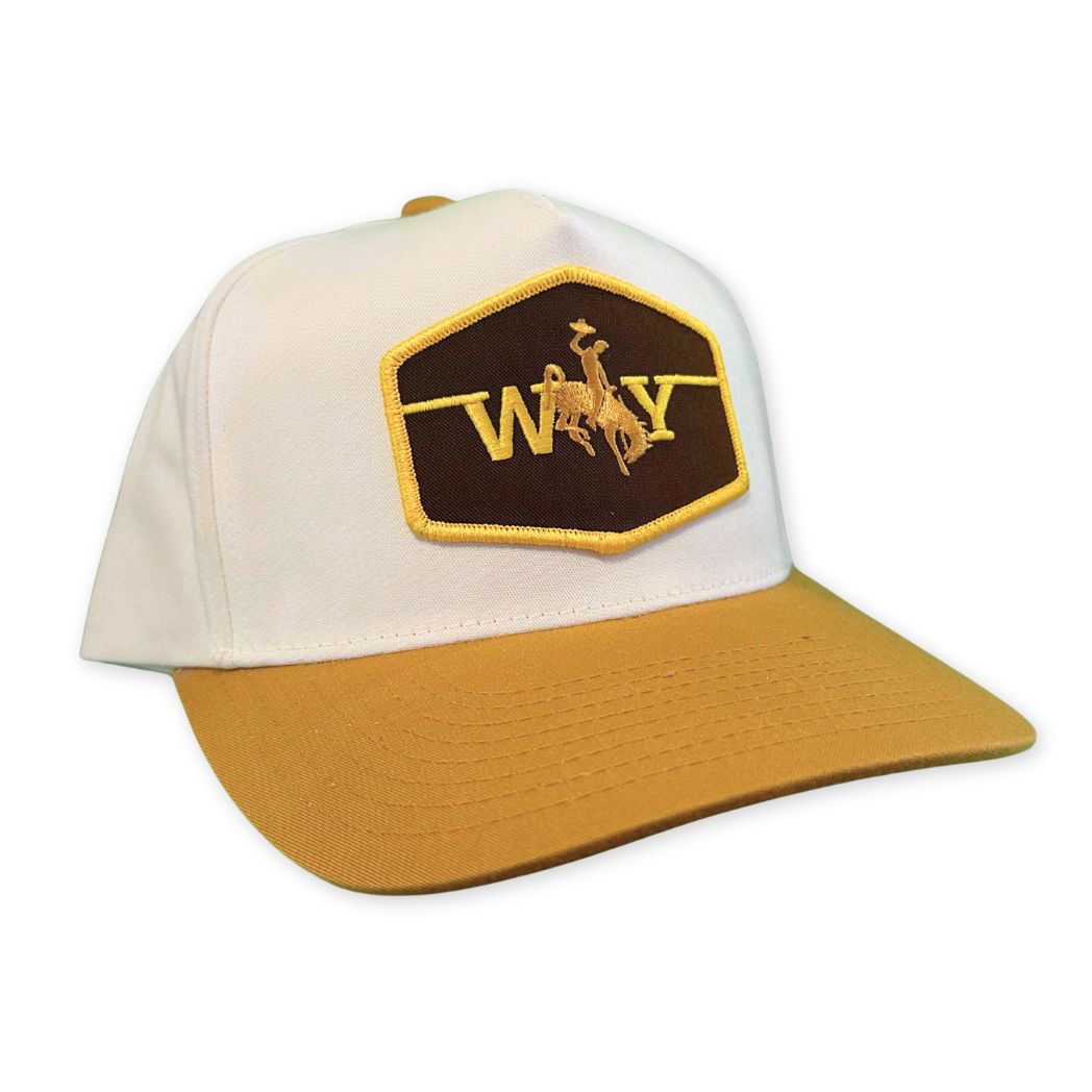 Two Tone tan and white hat with WY Bronco Patch.
