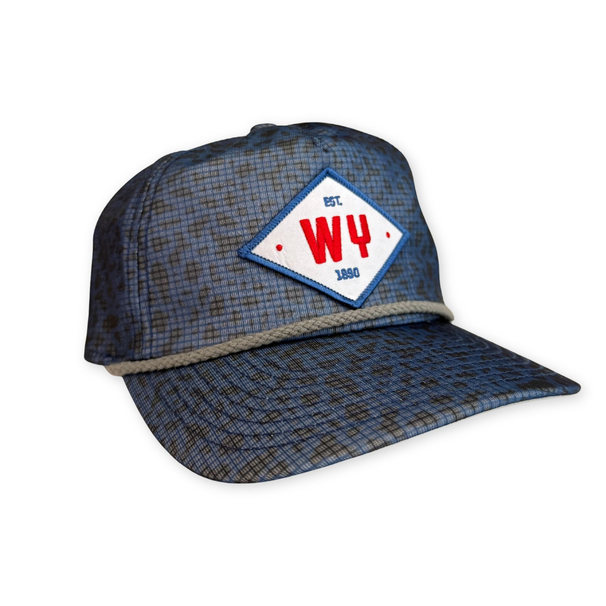 Blue pap with a patch featuring 'WY' on a white background