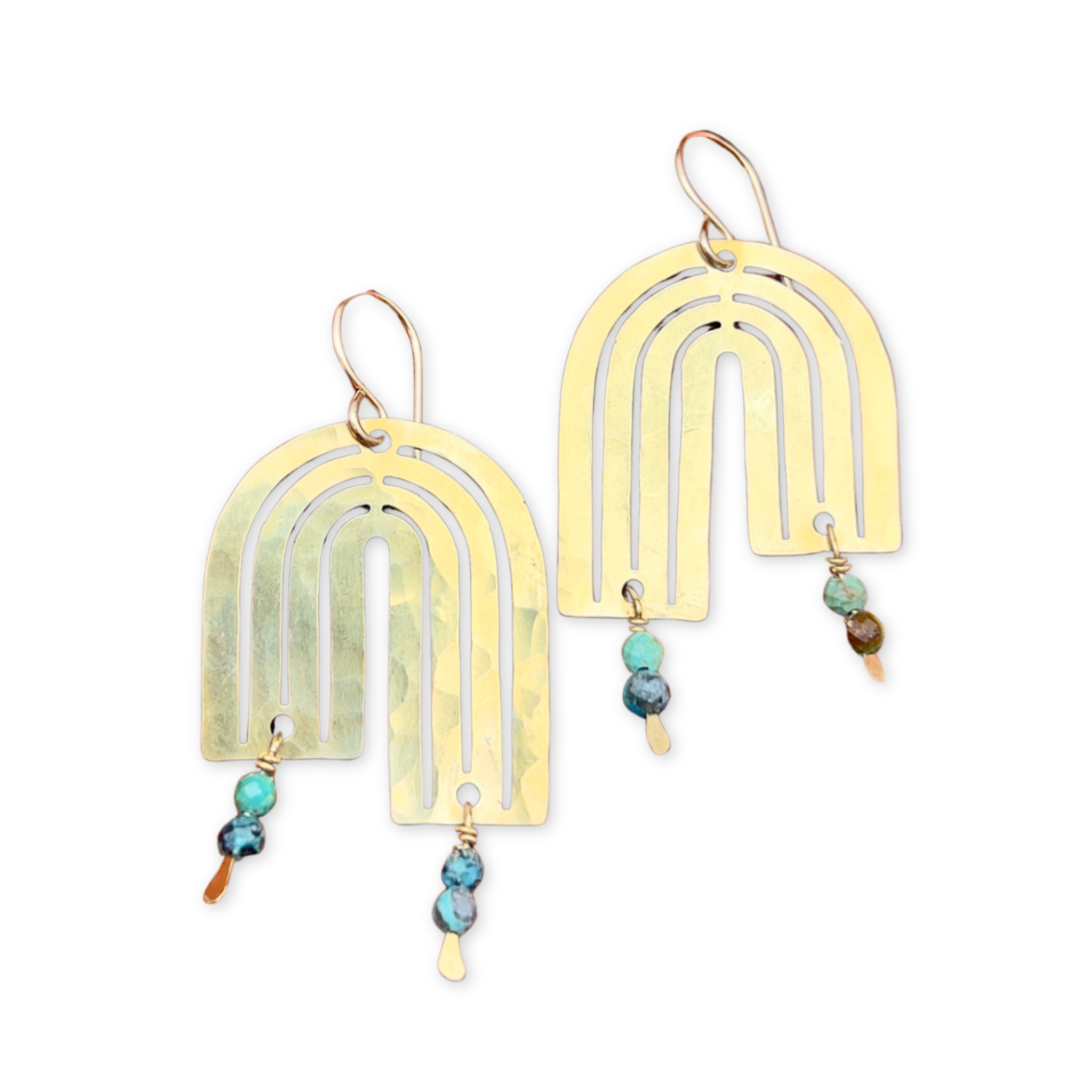 rainbow shaped dangling earrings with hanging turquoise stones