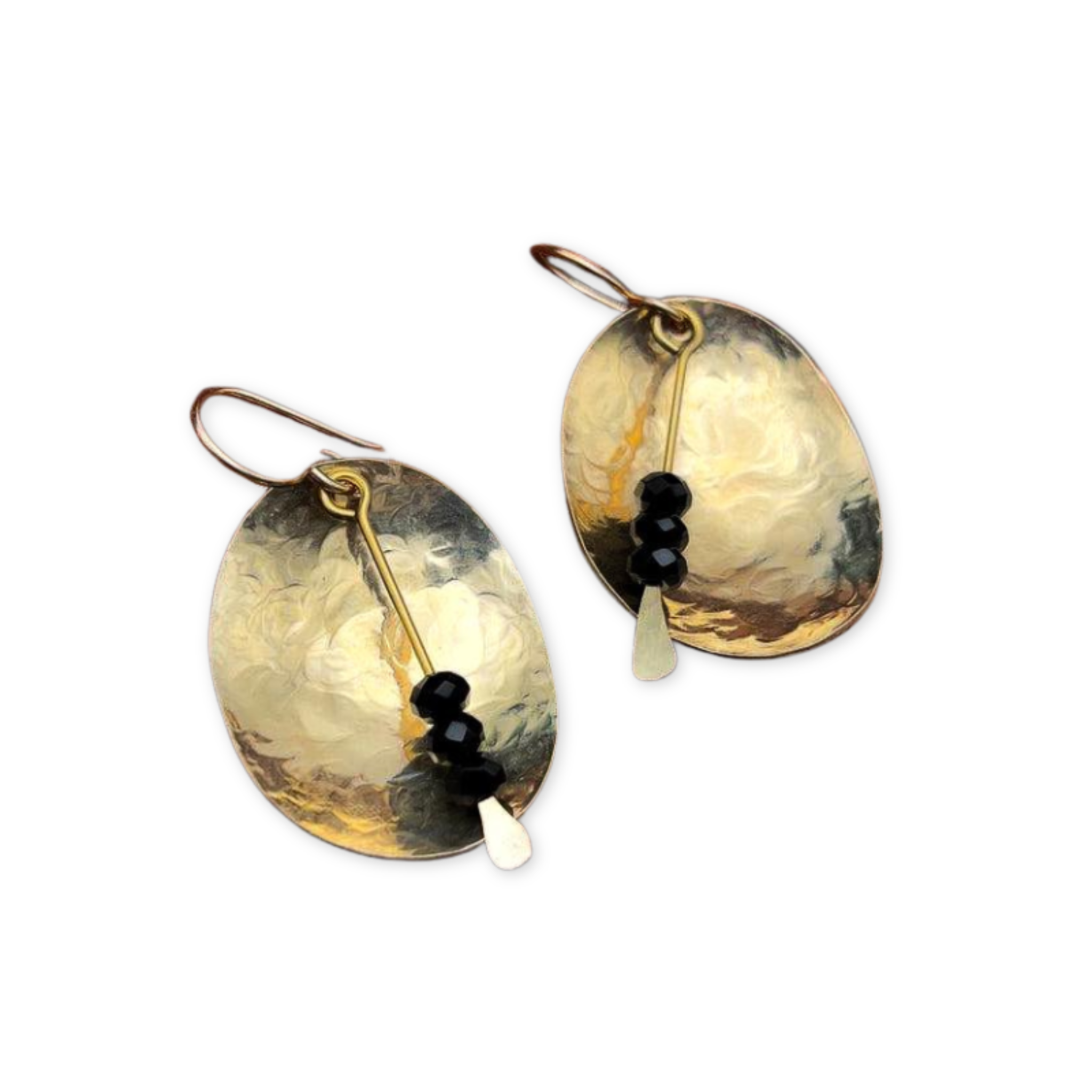gold hammered oval earrings with three faceted black stones 