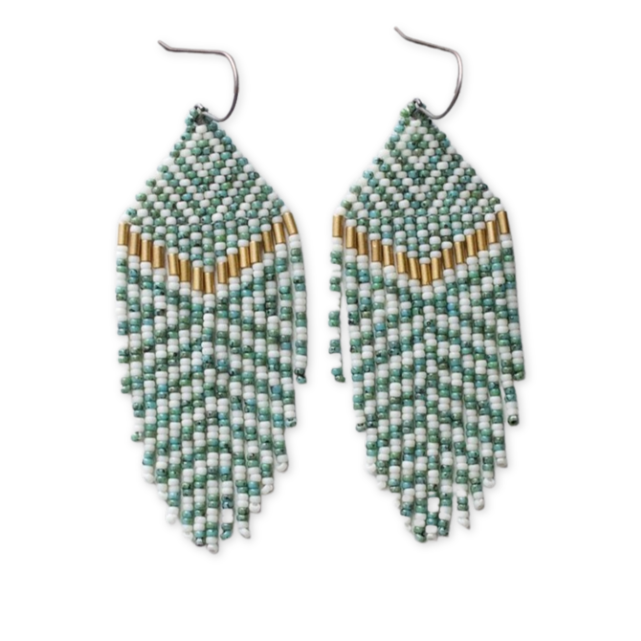 teal and white hand beaded earrings with gold chevron design