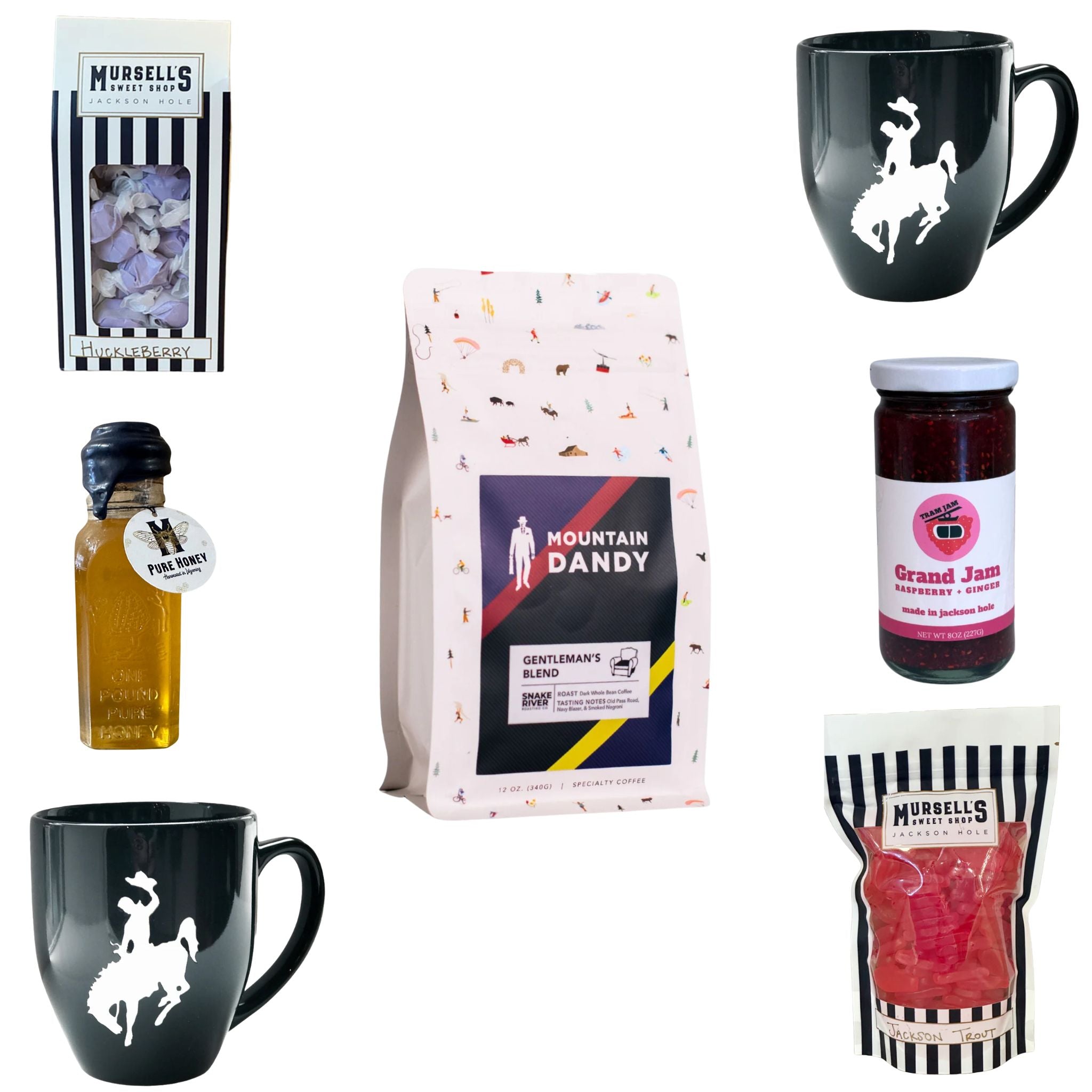 Collection of products including mugs, a bottle, a jar, and a package on a white background