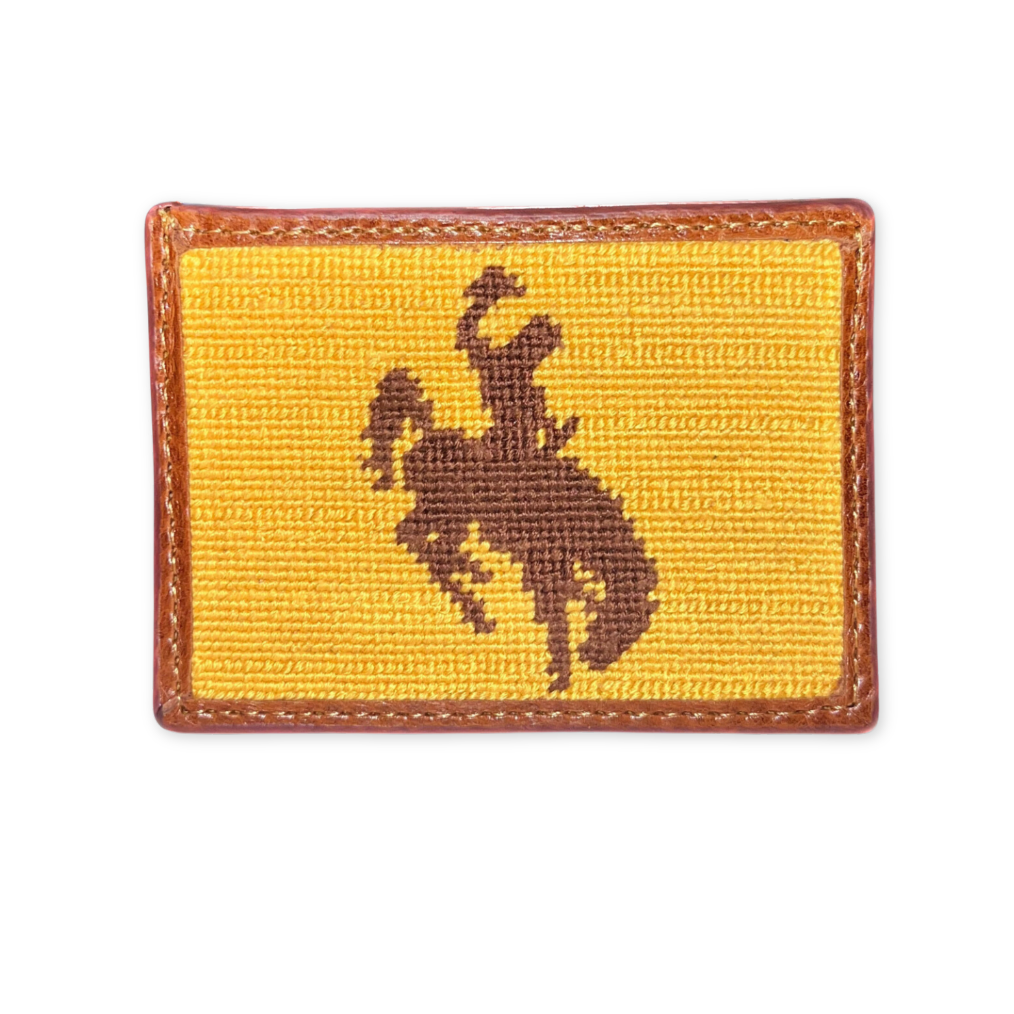 hand stitched needlepoint card holder with a wyoming bucking bronco design