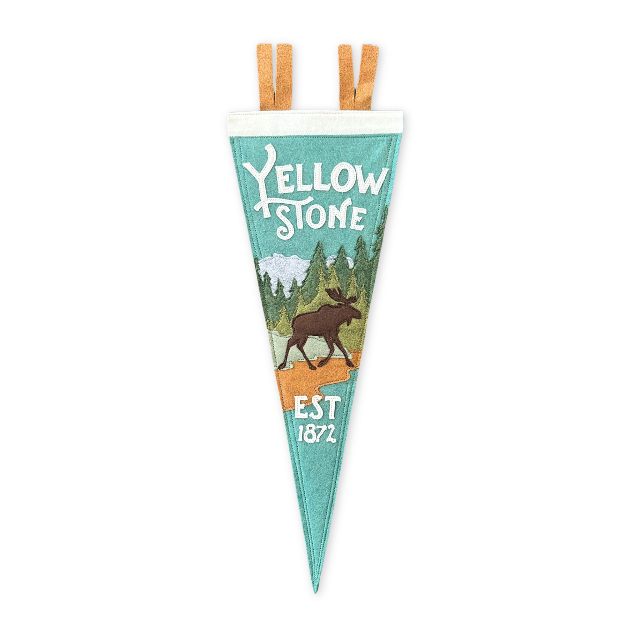 stitched felt pennant featuring a moose walking out the water with pine trees in the background 