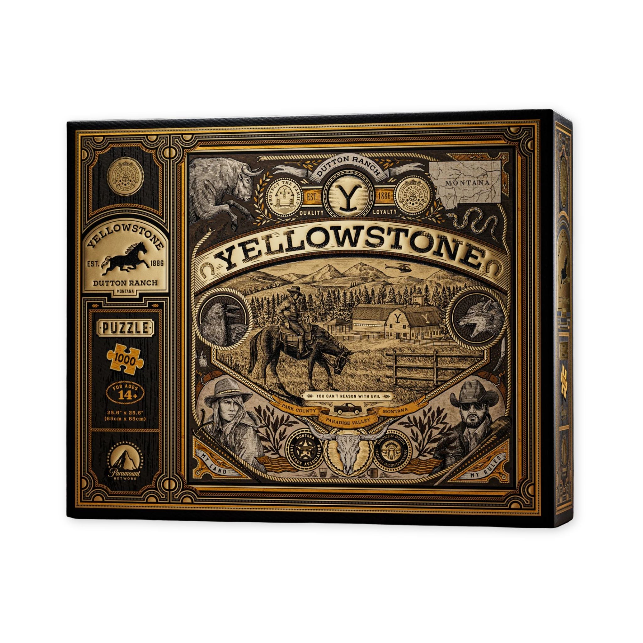 Yellowstone-themed puzzle box with decorative design and branding.