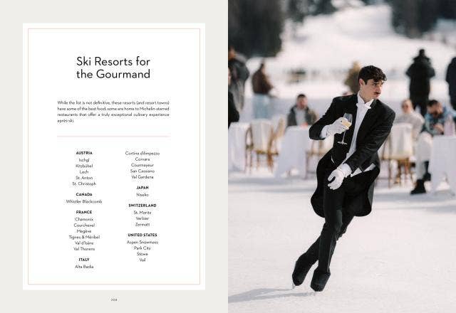 Man in a tuxedo on a snowy ski slope with text about ski resorts for the 'Gourmand'.