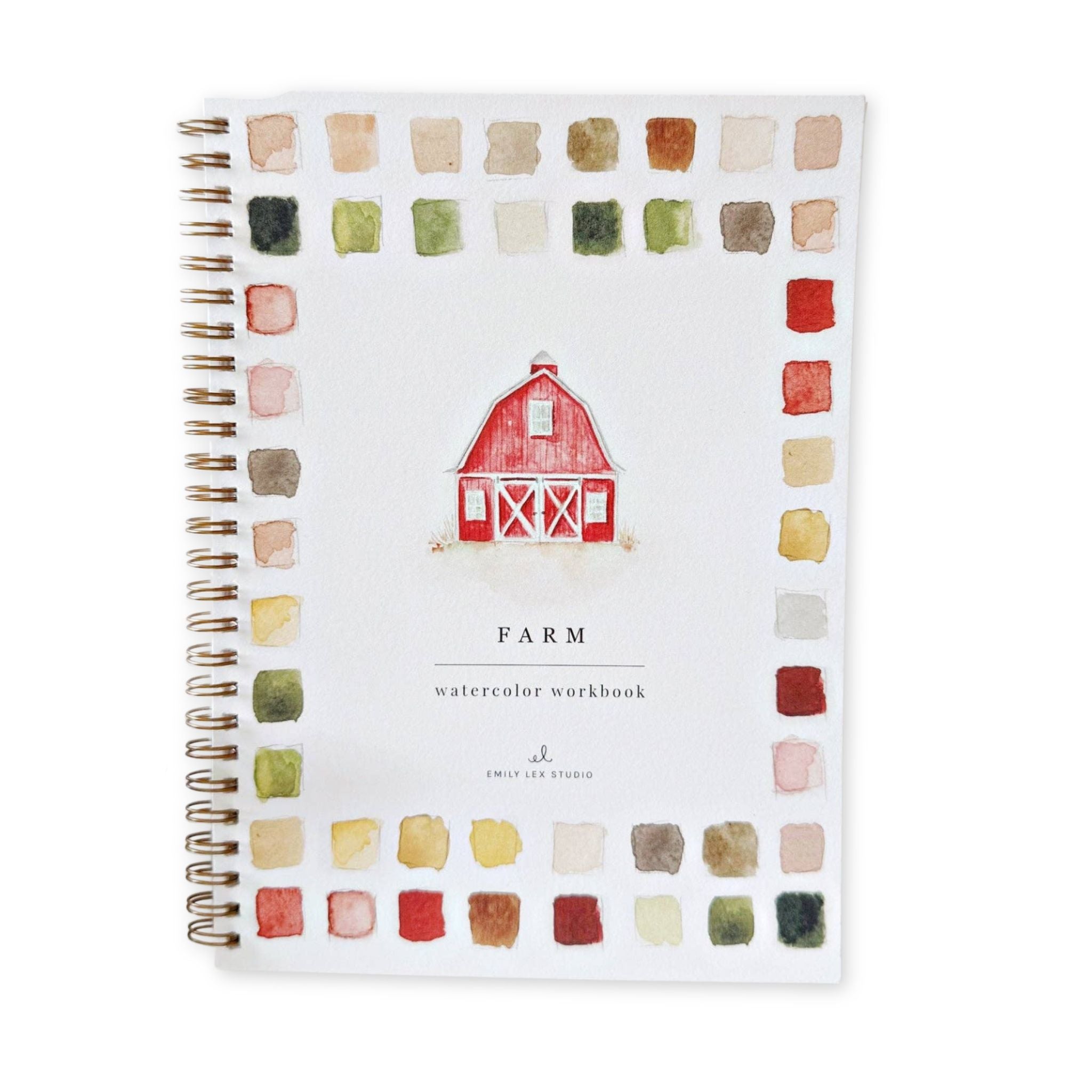 Watercolor workbook with a red barn illustration on a white background