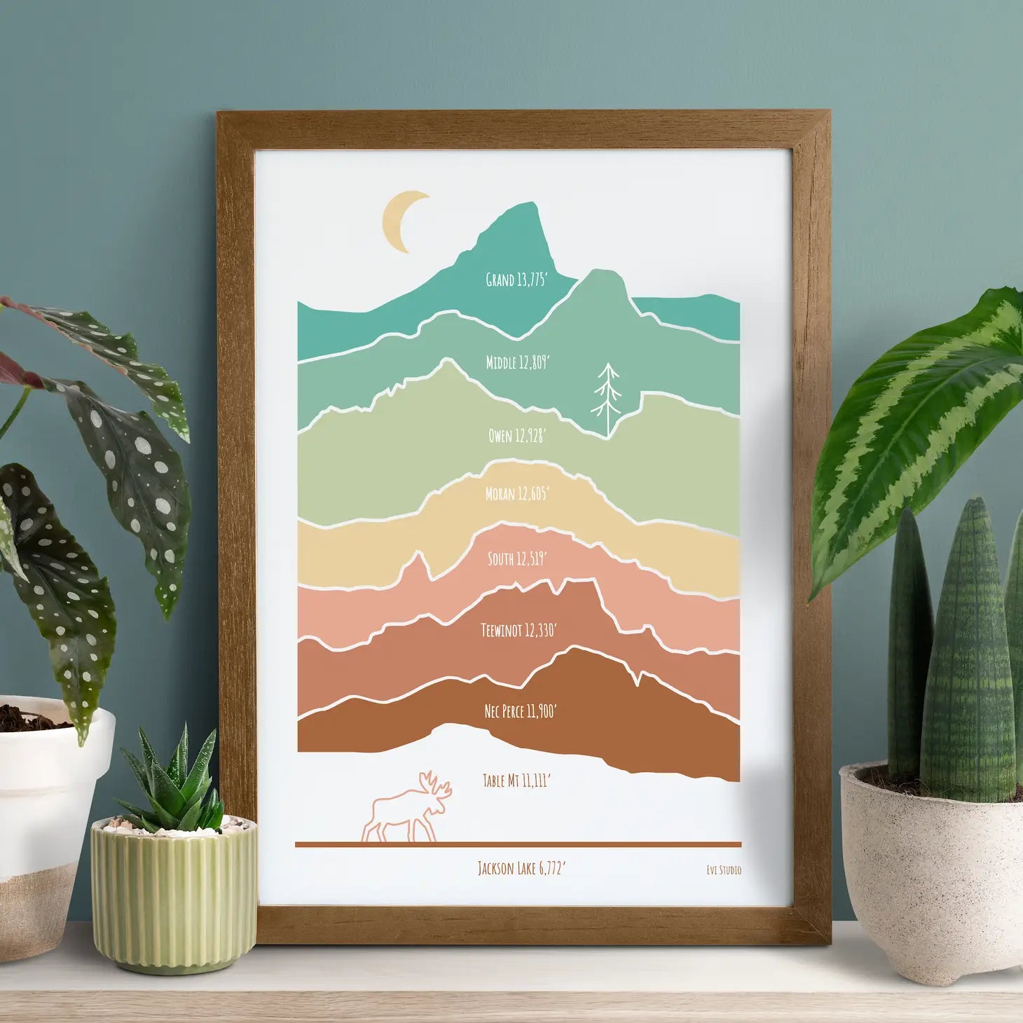 Grand Teton Elevation Peaks Print - Unframed