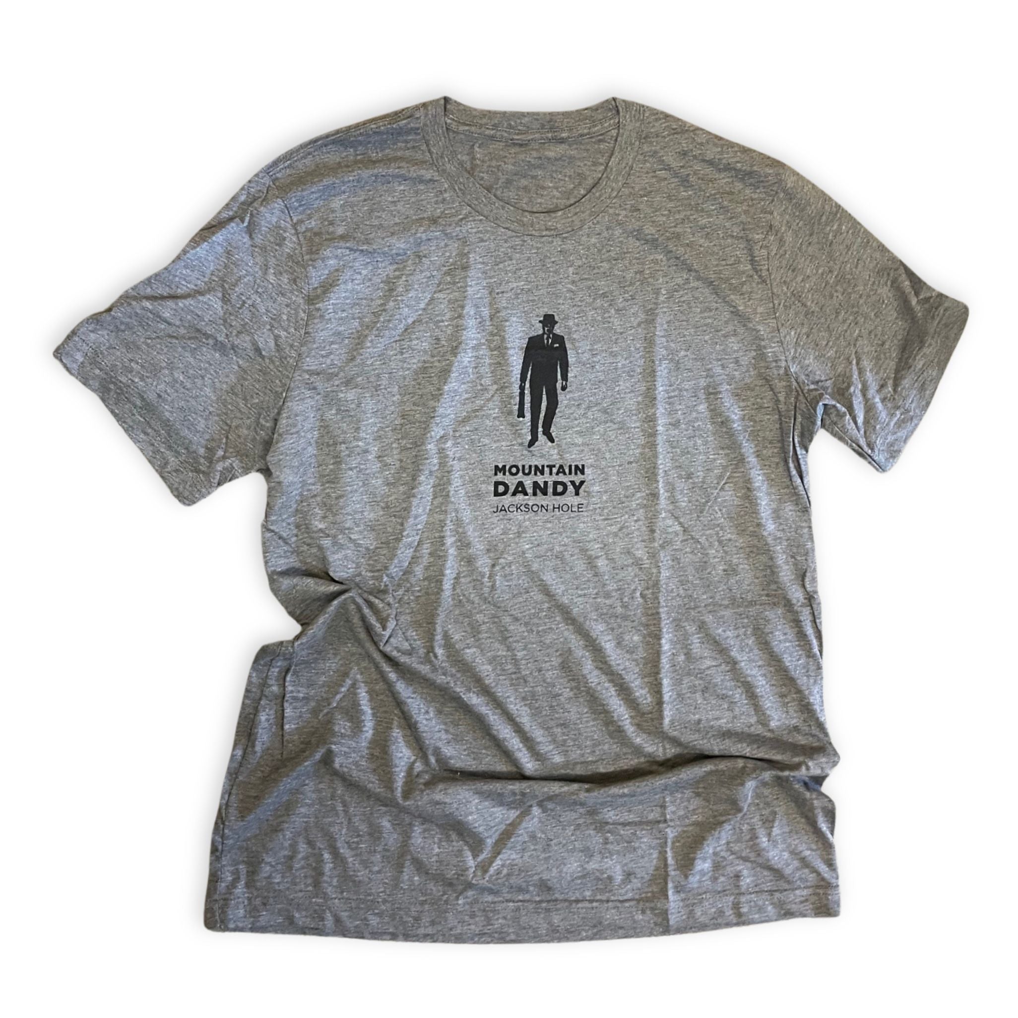 Grey shirt with man and briefcase above the store logo - Mountain Dandy