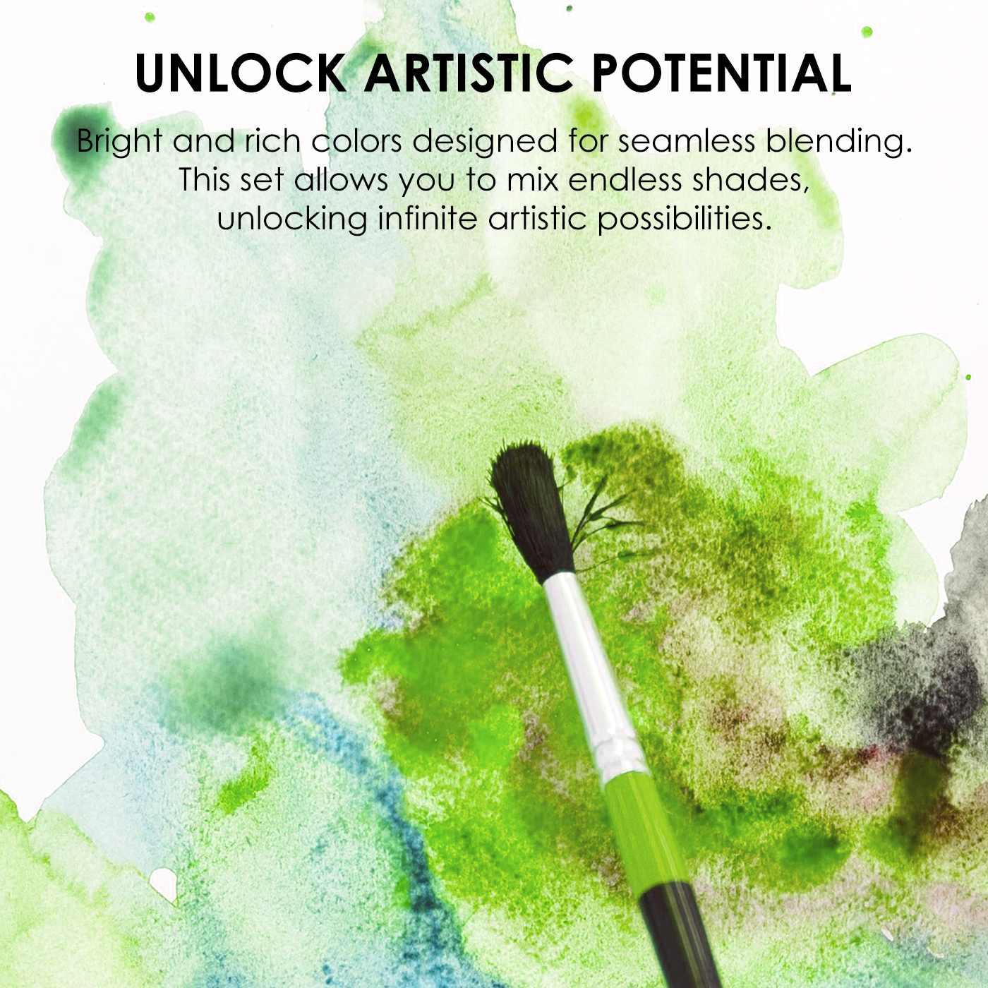 Artistic brush with watercolor background and text about unlocking artistic potential