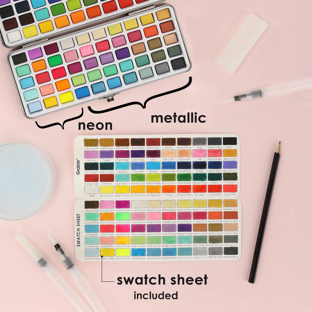 Color swatch sheet with neon and metallic options on a pink background