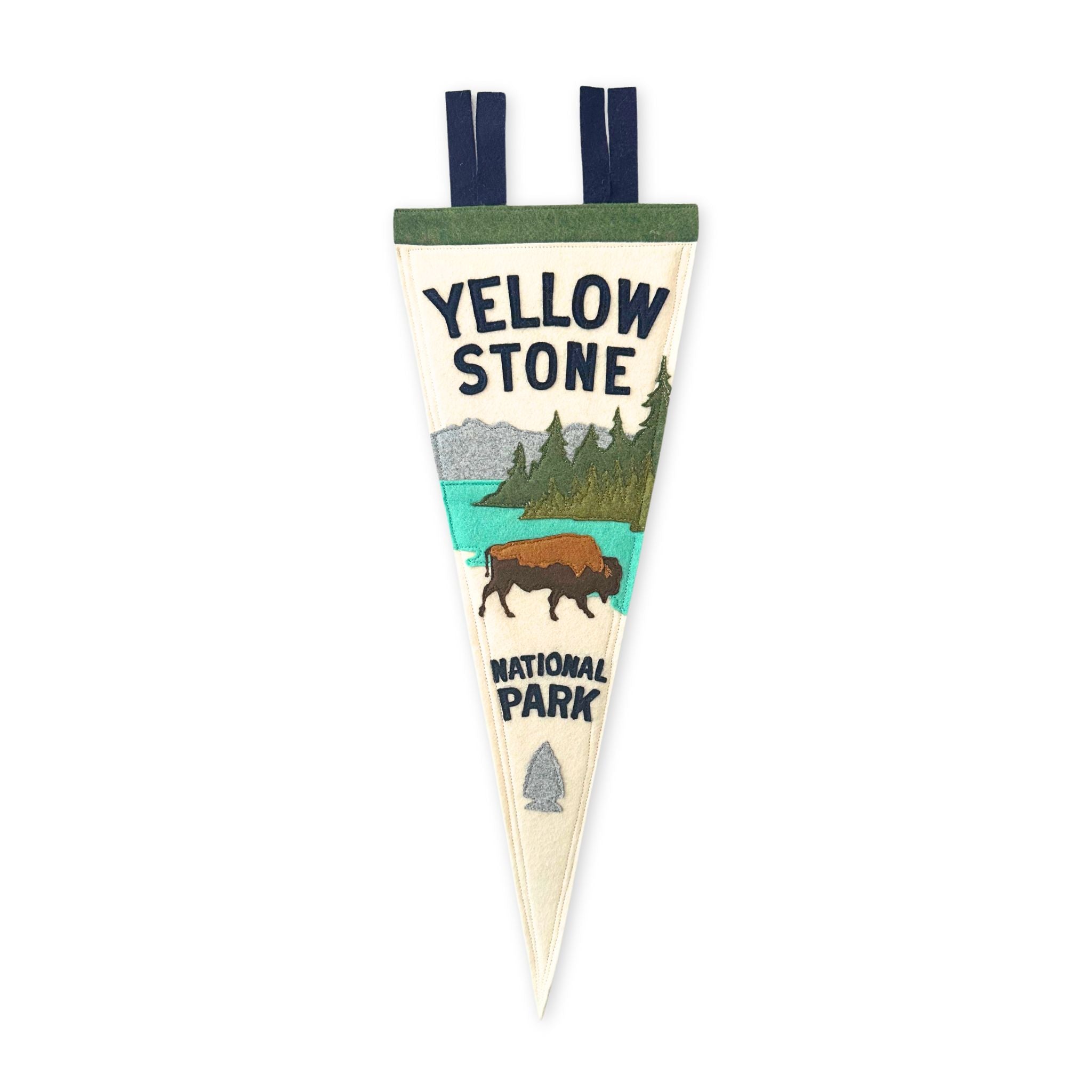 stitched felt pennant featuring a bison in front of water and pine trees with the words yellowstone national park