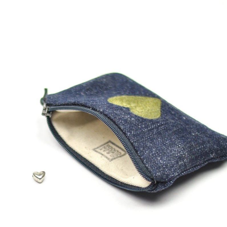 Gold Heart Block Print Denim Coin Purse