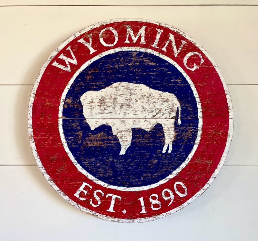 Round Wyoming Flag Barnwood Sign