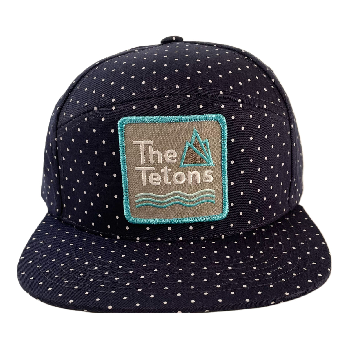Tetons Patch on Navy Polka Dot Flat Brim Hat
