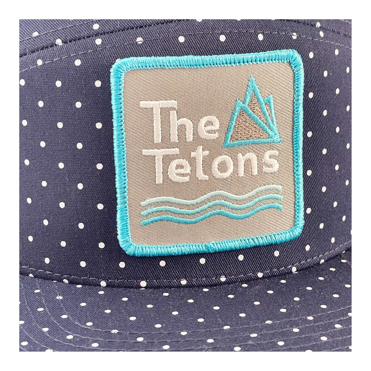 Tetons Patch on Navy Polka Dot Flat Brim Hat