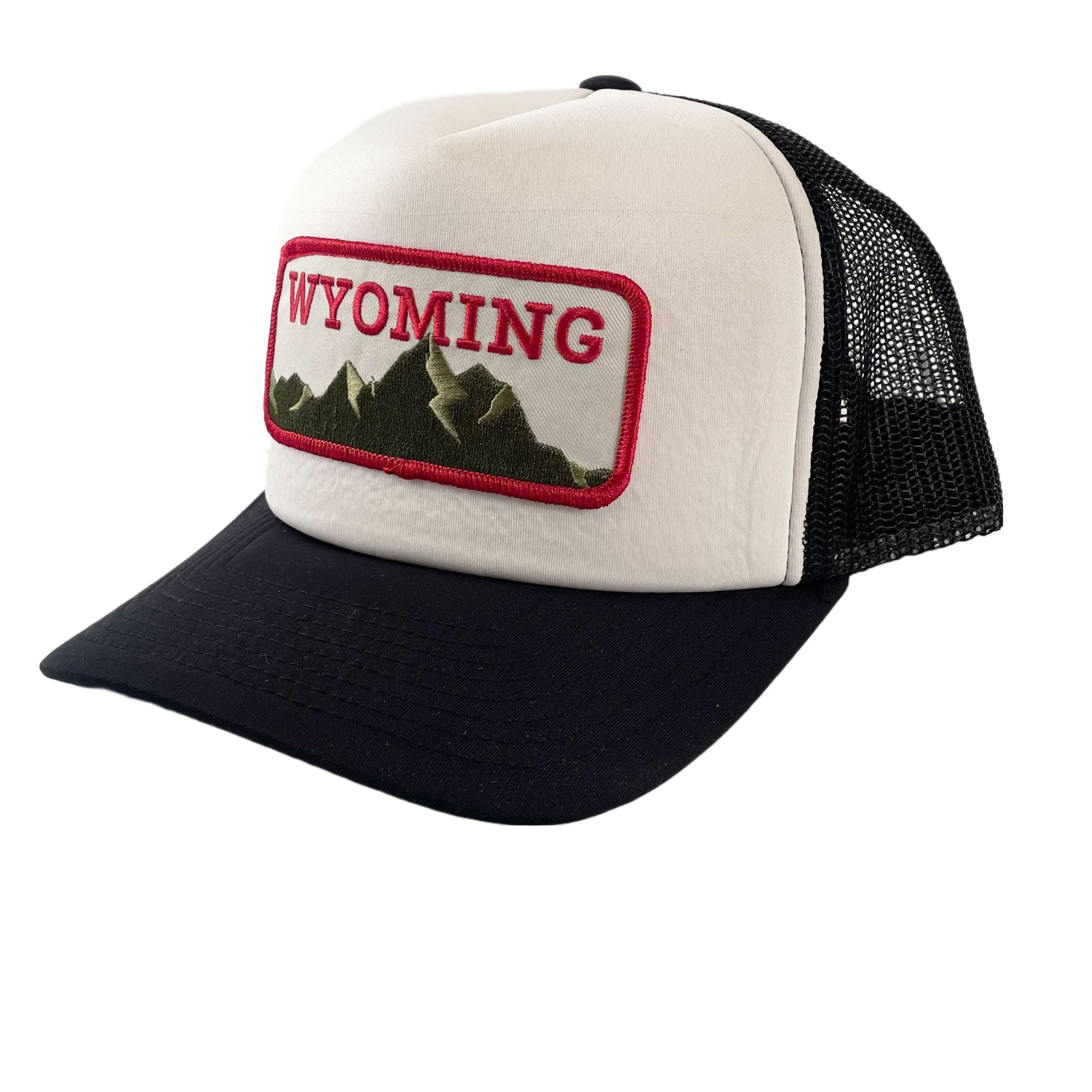 White and Black Foam Trucker Wyoming Mountain Patch Hat