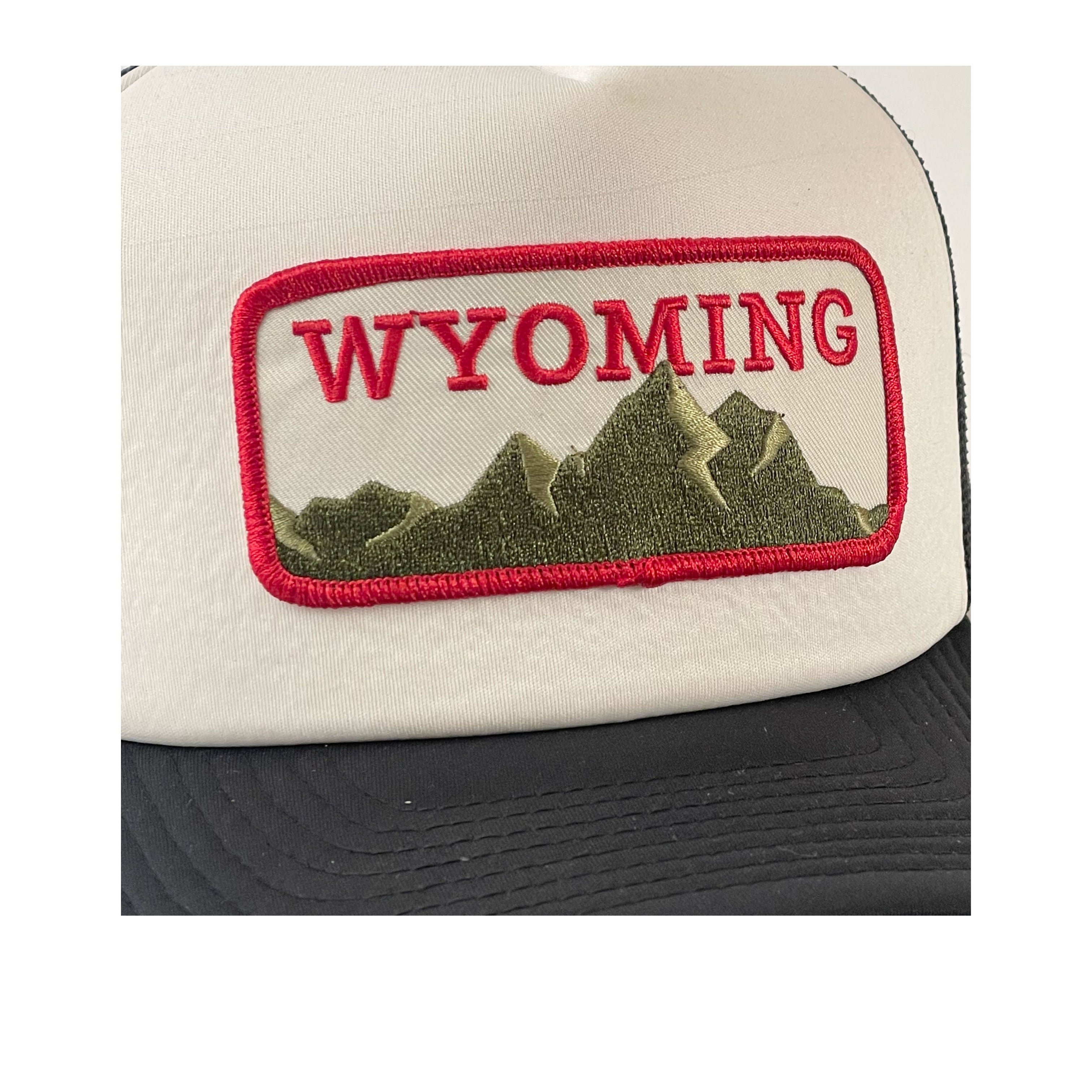 White and Black Foam Trucker Wyoming Mountain Patch Hat