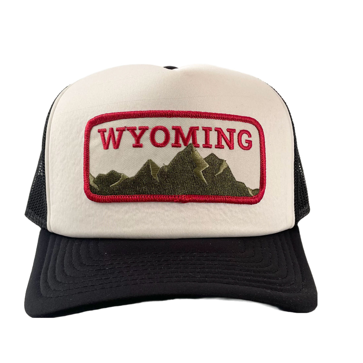 White and Black Foam Trucker Wyoming Mountain Patch Hat