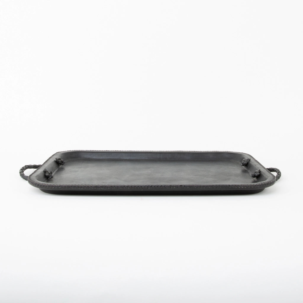16" Serving Tray With Embroidered Handles - Black