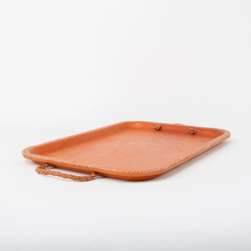 16" Serving Tray With Embroidered Handles - Tan